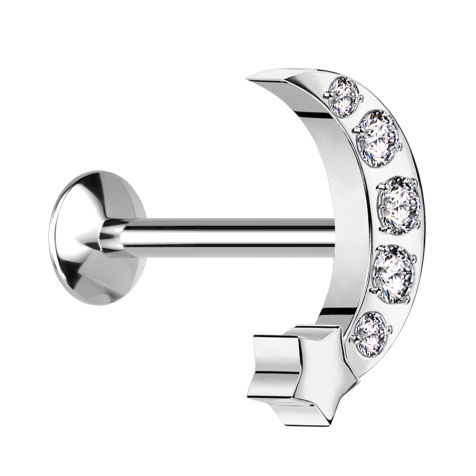 Micro Threadless UFO Labret argenté Lune avec étoile argenté Cristaux argentés