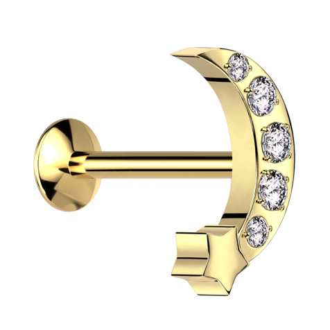 Micro Threadless UFO Labret gold-plated moon with star gold-plated crystals silver
