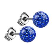 Stud earrings silver with crystal ball dark blue epoxy...