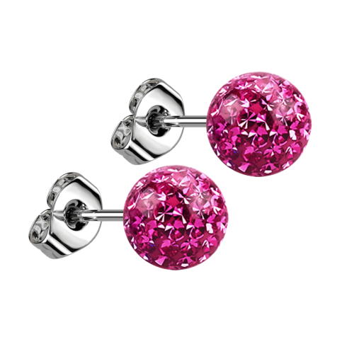 Stud earrings silver with crystal ball pink epoxy protective layer