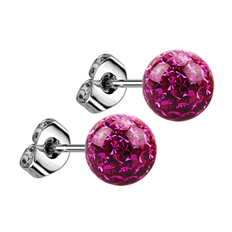 Stud earrings silver with crystal ball fuchsia epoxy protective layer