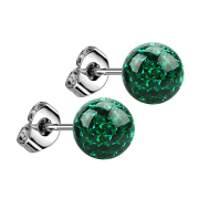 Stud earrings silver with crystal ball green epoxy...