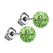 Stud earrings silver with crystal ball light green epoxy...