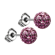 Stud earrings silver with crystal ball light purple epoxy...