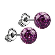 Stud earrings silver with crystal ball violet epoxy...