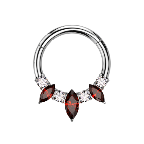 Micro bague segmentée pliable argent trois cristaux ovales rouges quatre cristaux ronds argent