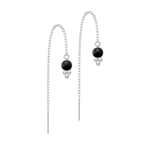 Boucles doreilles argent chaîne tombant librement pierre donyx noire trois boules