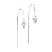 Stud earrings silver free-falling chain pearl white three...