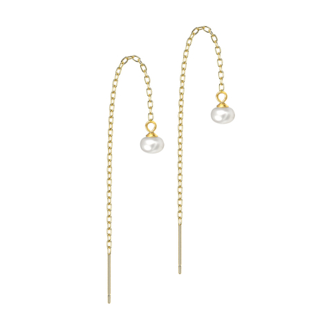 Gold-plated stud earrings free-falling chain large white pearl