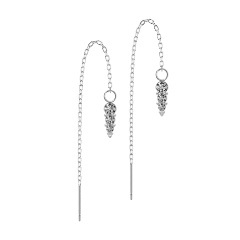 Boucles doreilles argentées chaîne tombant librement cristal argenté quatre cœurs filigranes