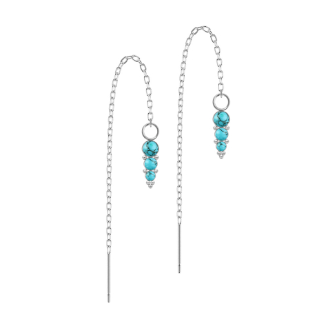 Stud earrings silver free-falling chain three turquoise stones with spheres