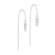 Stud earrings silver free-falling chain three pearls...