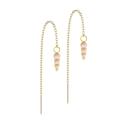 Boucles doreilles plaquées or chaîne tombant librement trois pierres roses œil de chat avec boules