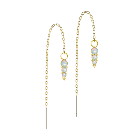 Boucles doreilles dorées à lor fin, chaîne à trois opales blanches avec boules