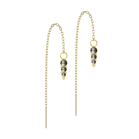 Clous doreilles dorés à lor fin, chaîne à trois perles noires avec boules