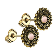 Orecchini a lobo placcati oro con fiore di loto e pietra...