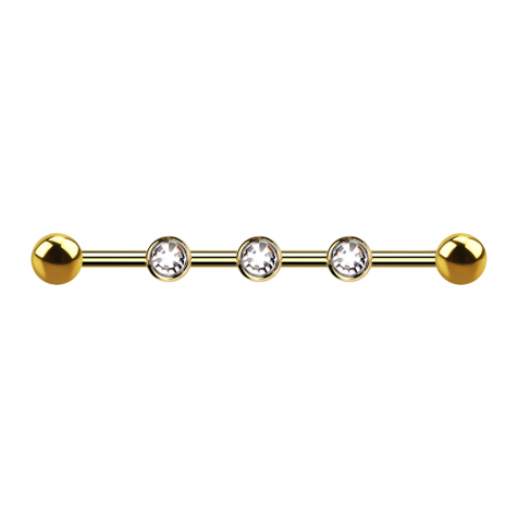 Barbell inner thread gold-plated three 0.8 mm threaded holes with two balls and three crystals silver