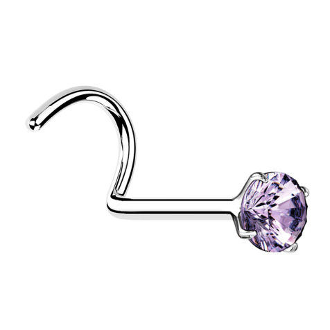 Nose stud curved silver round crystal tanzanite set