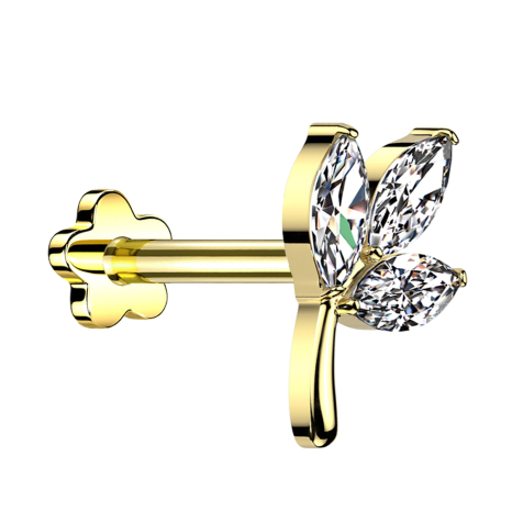 Micro Threadless Labret vergoldet Blatt vergoldet drei Ovale Kristall silber