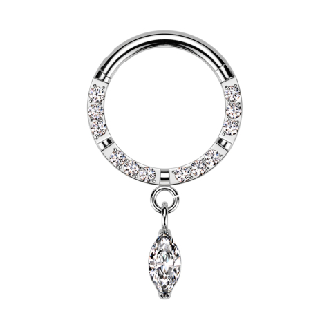 Micro bague segmentée pliable argentée, face avant cristaux argentés, quatre interruptions, pendentif goutte en cristal