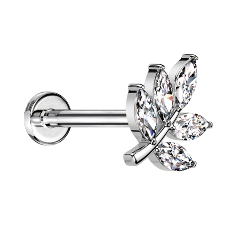 Micro Threadless Labret silber Blatt silber fünf Ovale Kristalle silber