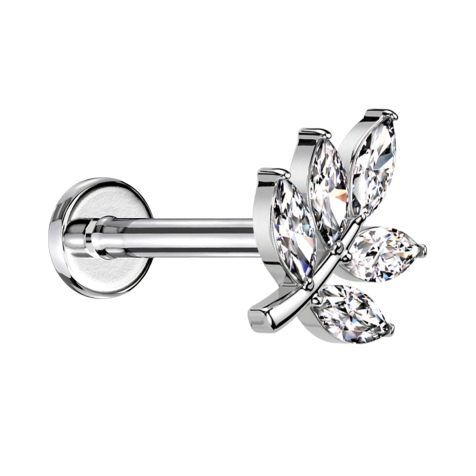 Micro Threadless Labret argenté feuille argentée cinq cristaux ovales argentés