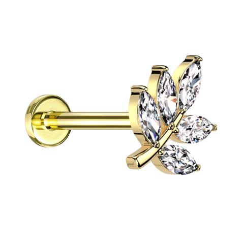 Micro Threadless Labret doré à la feuille dor cinq cristaux ovales argentés