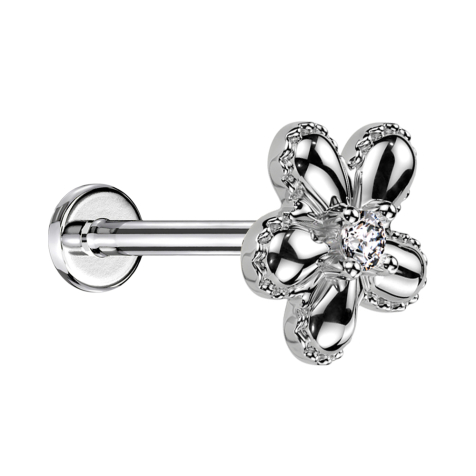 Micro Threadless Labret argento fiore punteggiato argento un cristallo argento