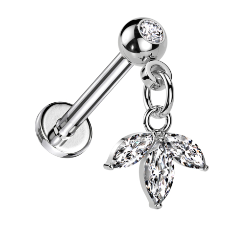 Micro Threadless Labret silver with ball with crystal silver pendant leaf three oval crystals silver