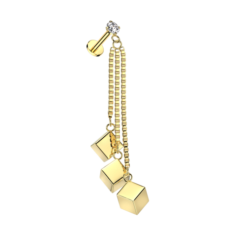 Micro labret internally threaded gold-plated crystal silver set pendant chain three cubes