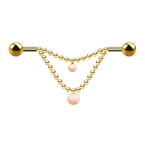 Gold-plated barbell two balls two chains pink cats eye stone