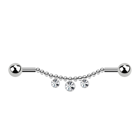 Barbell silver two balls chain three crystals silver