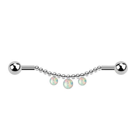 Barbell silver two balls chain three opals white