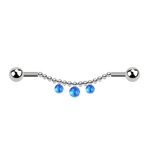 Barbell silver two balls chain three opals blue