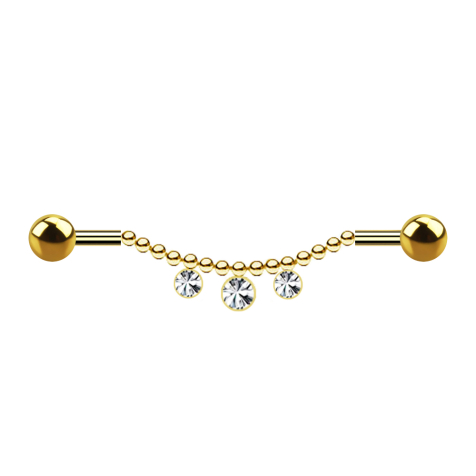 Barbell plaqué or deux boules chaîne trois cristaux argent