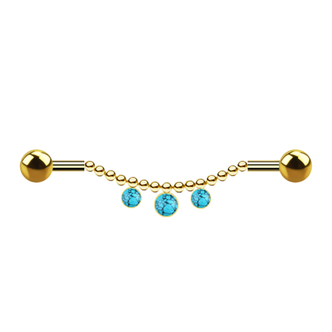 Barbell plaqué or deux boules chaîne trois pierres turquoise