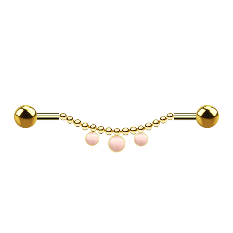 Barbell gold-plated two ball chain three pink cats eye stones