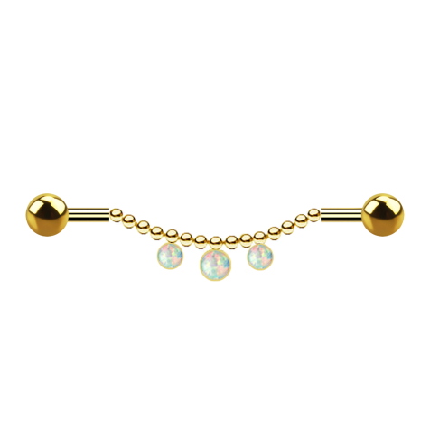 Barbell gold-plated two balls chain three opals white