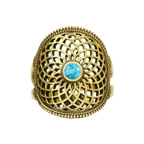 Bague plaquée or Fleur de vie avec pierre turquoise
