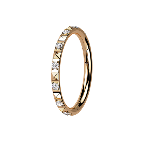 Anello micro segmentato pieghevole oro rosa con piramidi laterali e cristalli argento