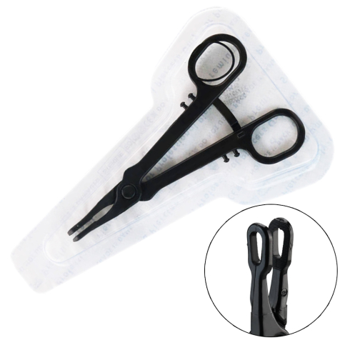 Sterile einweg Zange schwarz Gazeklemme geschlossen rund gezackt Kunststoff