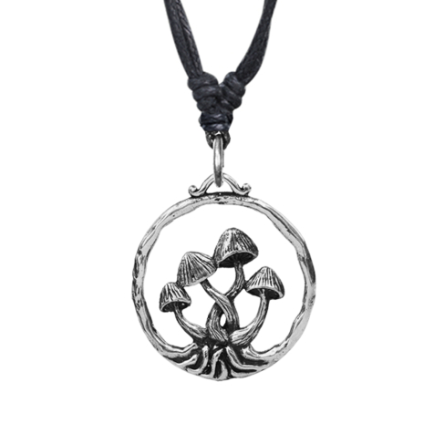 Necklace black pendant silver mushrooms