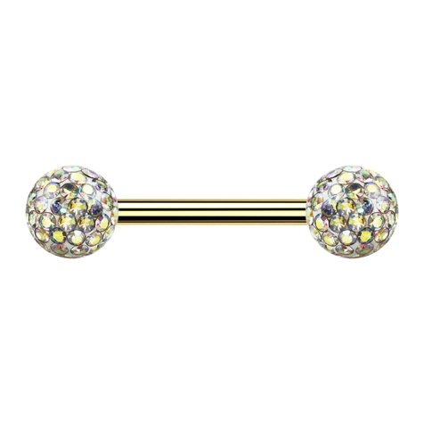 Barbell plaqué or avec deux boules de cristal multicolores couche protectrice dépoxy