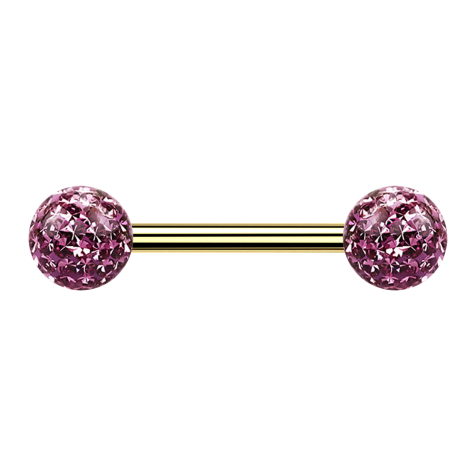 Gold-plated barbell with two crystal spheres light violet Epoxy protective layer