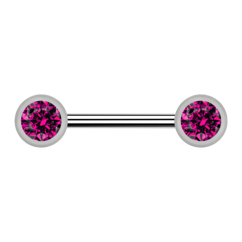 Barbell argent avec deux boules devant cristal fuchsia