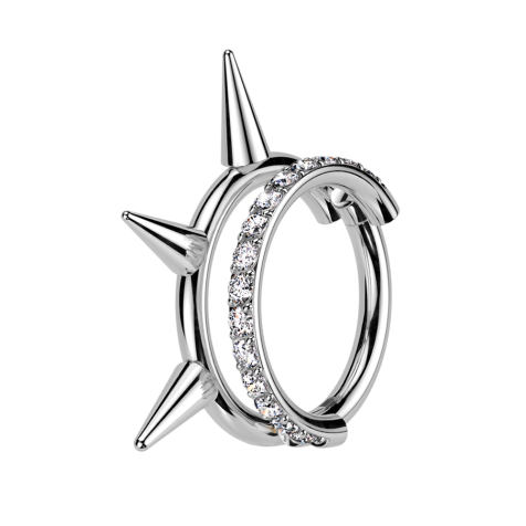 Micro segment ring, foldable, silver, two rings, row of crystals, row of cones