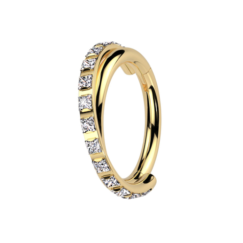 Micro segment ring, foldable, gold-plated, crossed, square crystals on the sides, silver