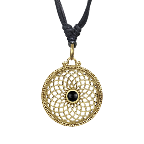Collier noir pendentif doré Fleur de vie avec pierre donyx
