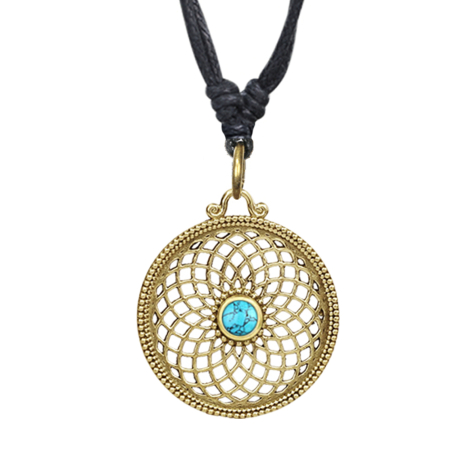 Collier noir pendentif doré Fleur de vie avec pierre turquoise