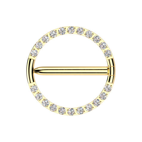 Anneau segmenté, tige rabattable, plaqué or, face avant interrompue, cristaux argentés